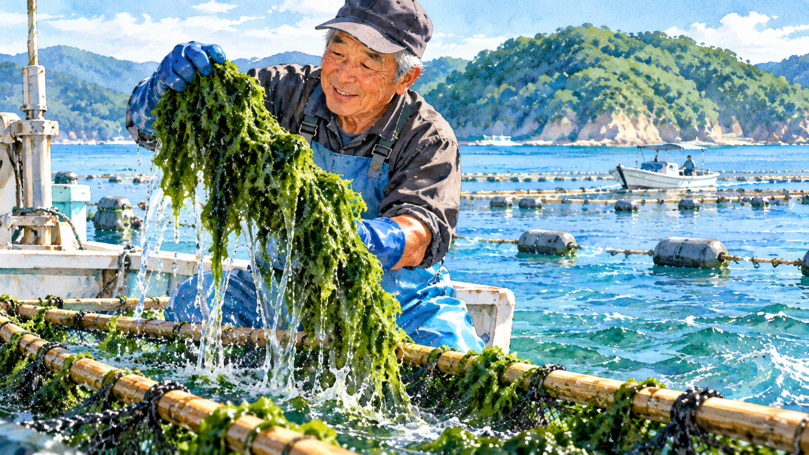 海苔を引き上げる漁師